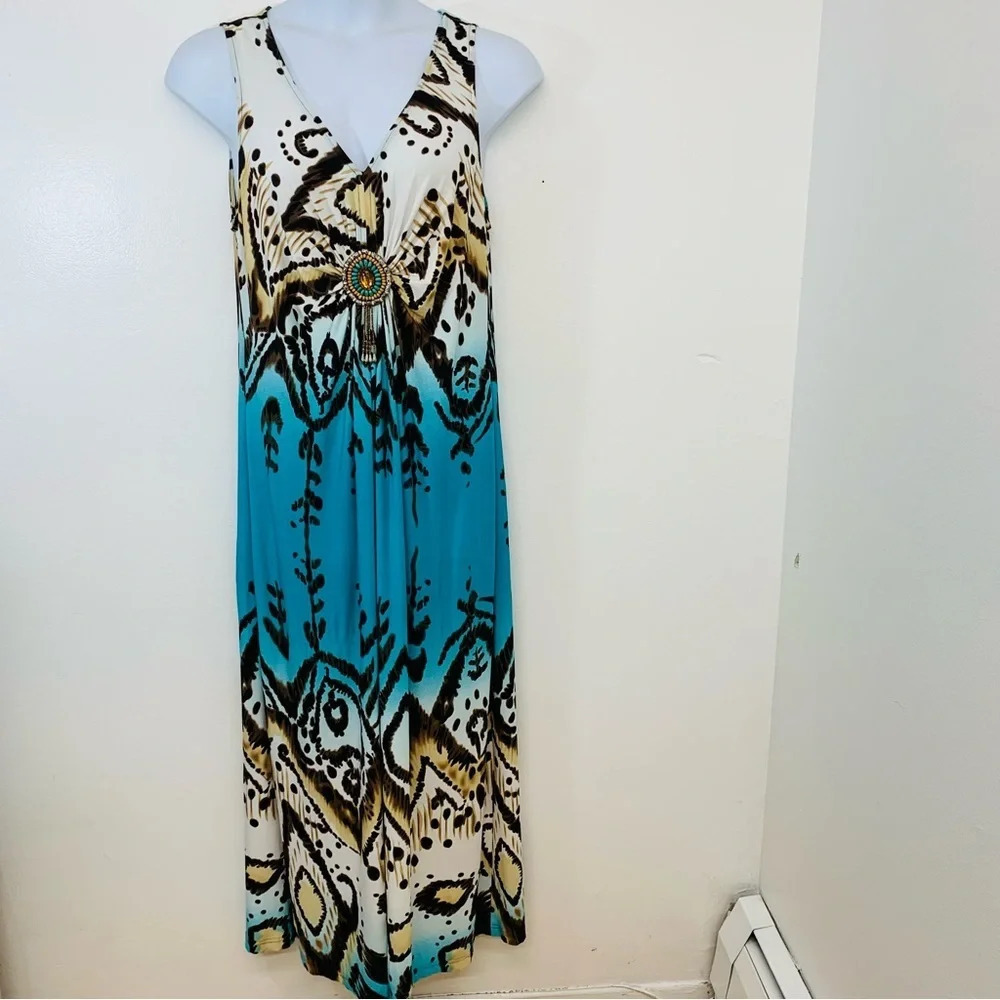 RM Richards Maxi Dress 16W  Stretch Knit Beaded‎ Gathered Flowy Sleeveless Boho